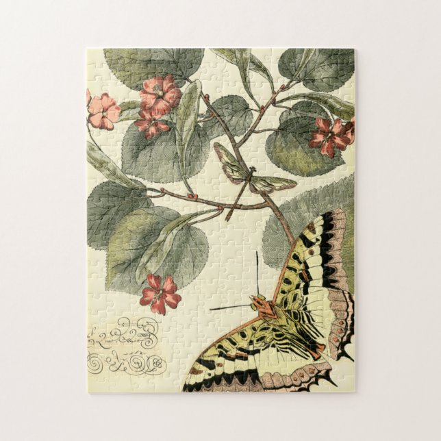 Butterfly och Dragonfly med Röda blommor Pussel (Vertikal)