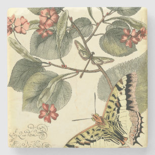 Butterfly och Dragonfly med röda blommor Stenunderlägg