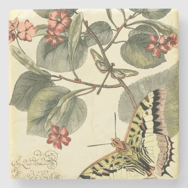 Butterfly och Dragonfly med Röda blommor Stenunderlägg (Framsidan)