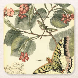Butterfly och Dragonfly med röda blommor Underlägg Papper Kvadrat