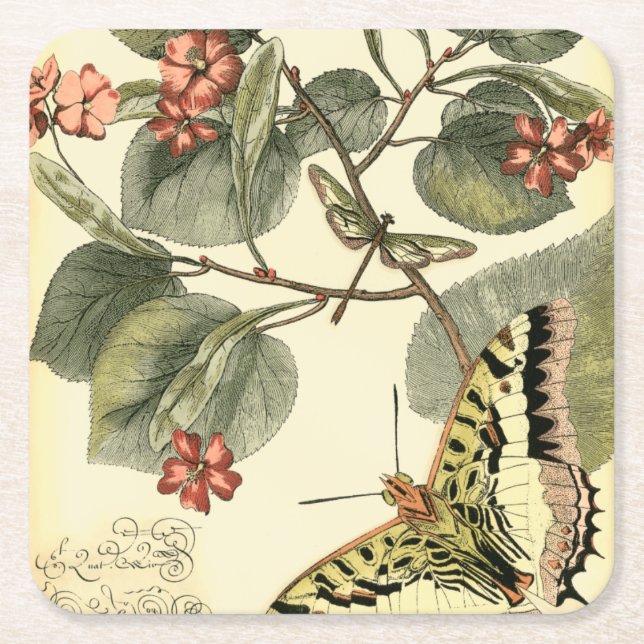 Butterfly och Dragonfly med Röda blommor Underlägg Papper Kvadrat (Framsidan)