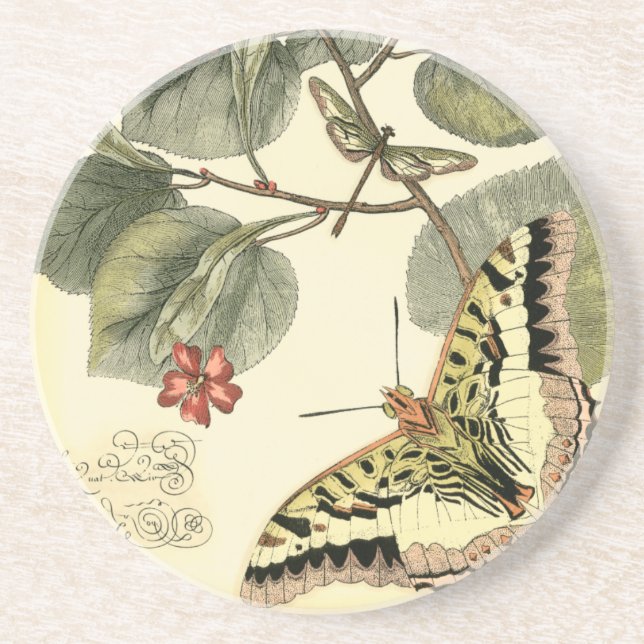 Butterfly och Dragonfly med Röda blommor Underlägg Sandsten (Framsidan)