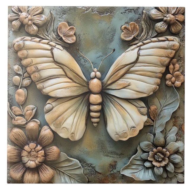 Butterfly och Flowers Botanical Faux Relief Kakelplatta (Framsidan)