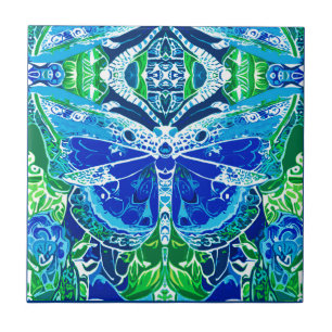 Butterfly och Medallion Batik Mönster i Blue Kakelplatta
