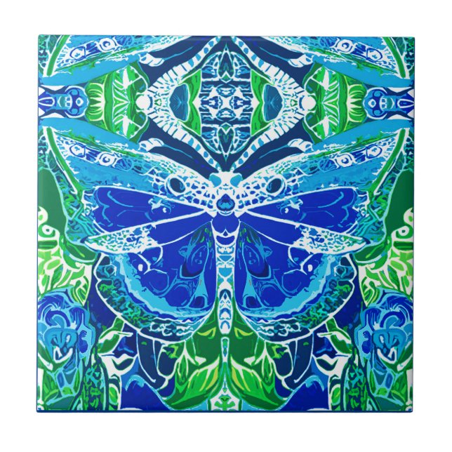 Butterfly och Medallion Batik Mönster i Blue Kakelplatta (Framsidan)