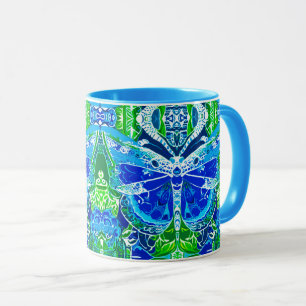 Butterfly och Medallion Batik Mönster i Blue Mugg