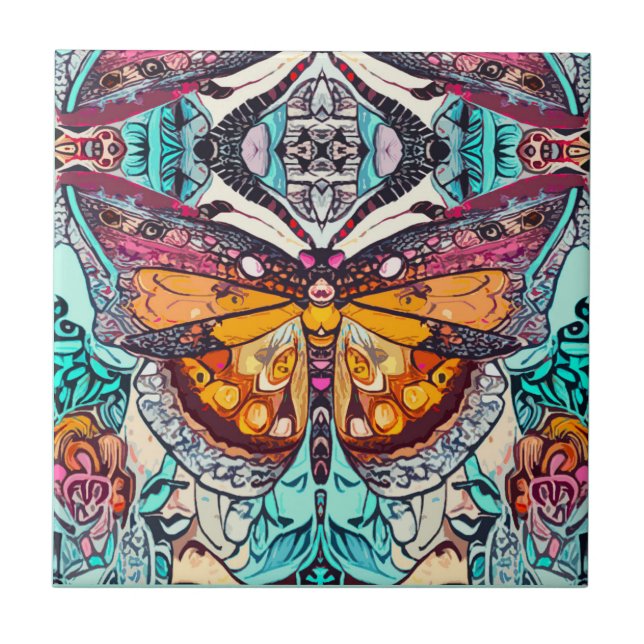 Butterfly och Medallion Batik Mönster i Orange Kakelplatta (Framsidan)