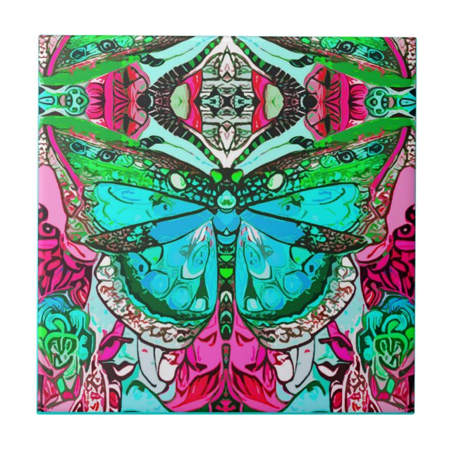 Butterfly och Medallion Batik Mönster i Turquise Kakelplatta (Framsidan)