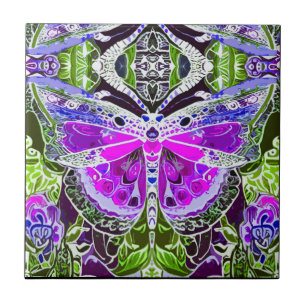 Butterfly och Medallion Batik Mönster i Violet Kakelplatta