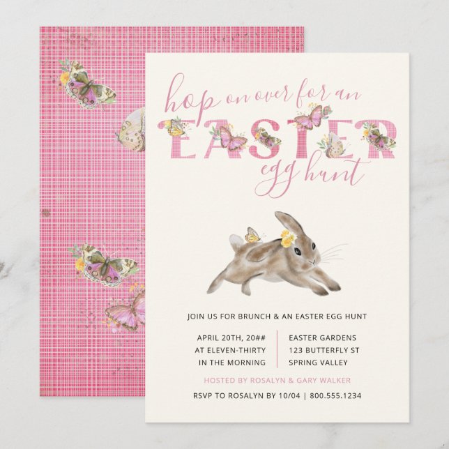 Butterfly och Påskhare Brunch och Egg Hunt Inbjudningar (Fram/baksida)