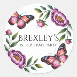 Butterfly och Peony Girls 1st. Födelsedagsfest Runt Klistermärke