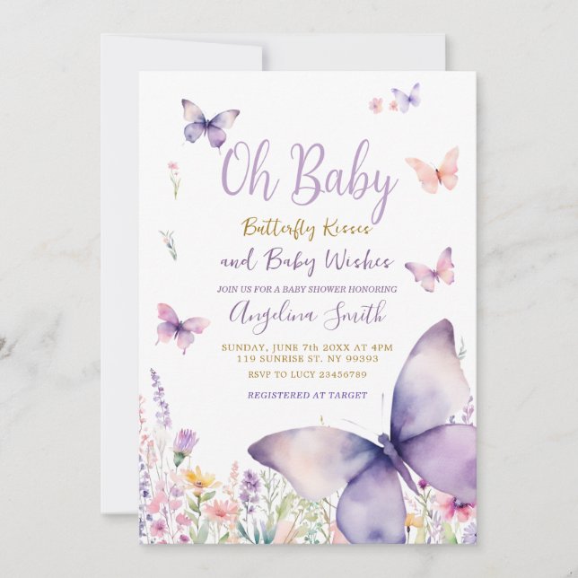 Butterfly och Purple Flowers Girl Baby Shower Inbjudningar (Framsida)