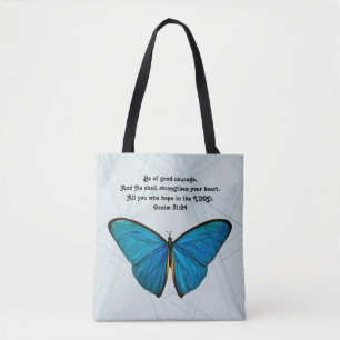 Butterfly och Scripture i Blue Tote Bag Tygkasse