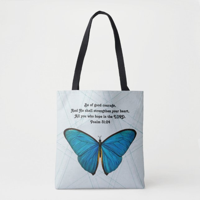 Butterfly och Scripture i Blue Tote Bag Tygkasse (Framsida)