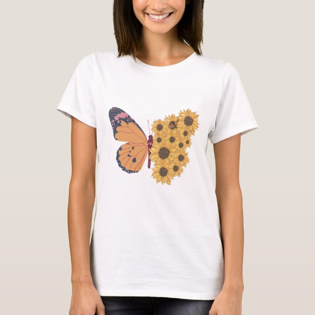 Butterfly och Solblommor Illustration T Shirt (Framsida)