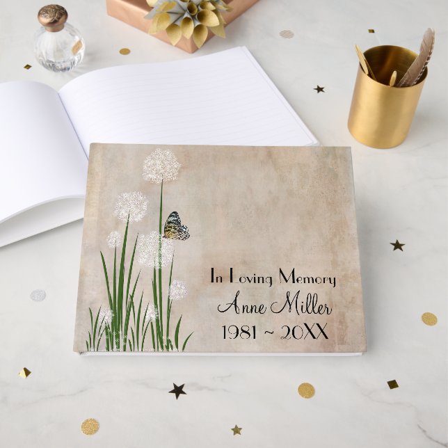 Butterfly on a Puff Flower Memorial Service Gästböcker (Framsida Öppen)