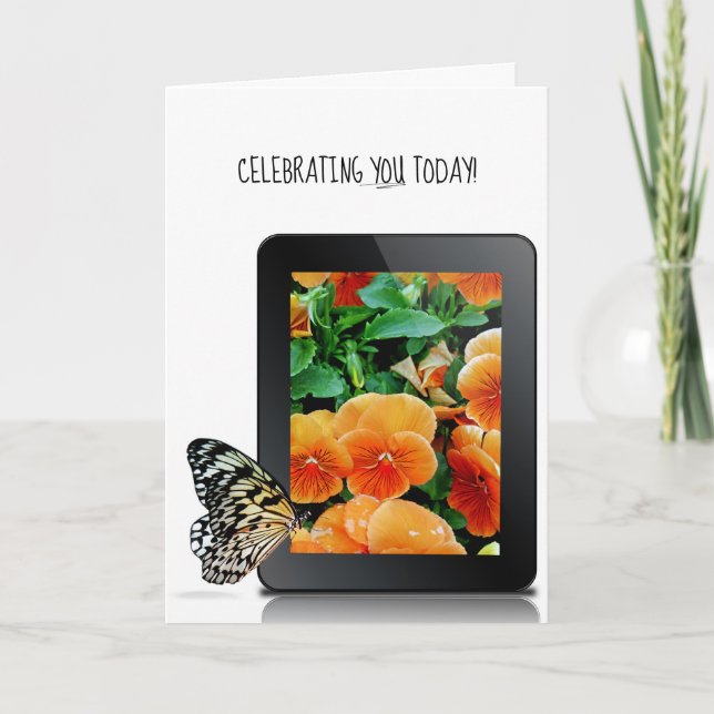 butterfly on electronic tablet device with pansy kort (Framsida)