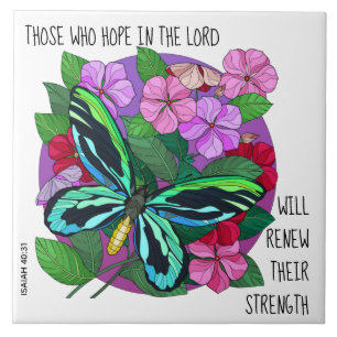 Butterfly on Flowers, w verse from Isaiah 40:31 Kakelplatta