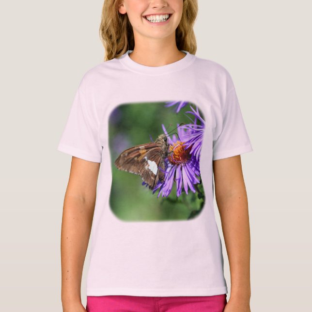 Butterfly On Lila Aster Nature Tee Shirt (Framsida)
