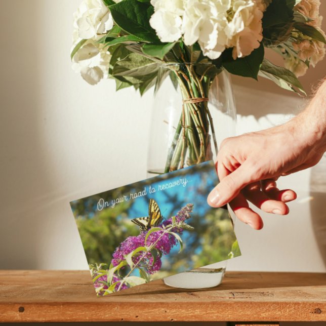 Butterfly on Pink Flowers Get Well Kort (In Situ)