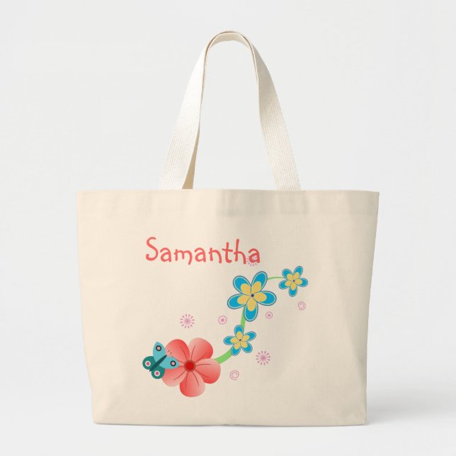 Butterfly on Rosa and Blåa blommor Jumbo Tote Bag Tygkasse (Framsidan)