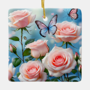 Butterfly On Rosa Flower Julgransprydnad Keramik