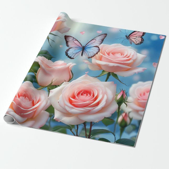 Butterfly On Rosa Flower Presentpapper (Utrullad)