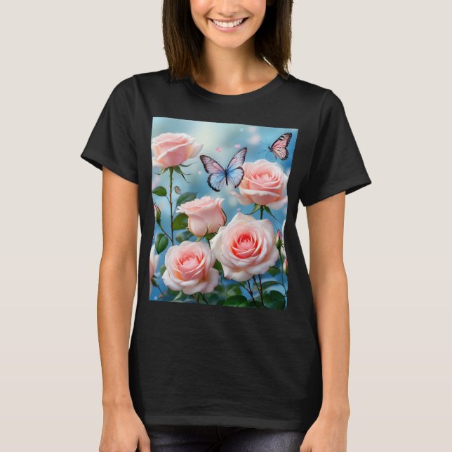 Butterfly On Rosa Flower T Shirt (Framsida)