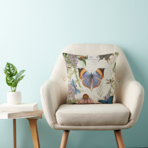 Butterfly Orange Blue Botanical Vintage Blommigt A Kudde