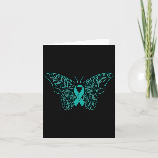 Butterfly Ord Teal Ribbon Support Ovarian Cancer Kort (Framsida)