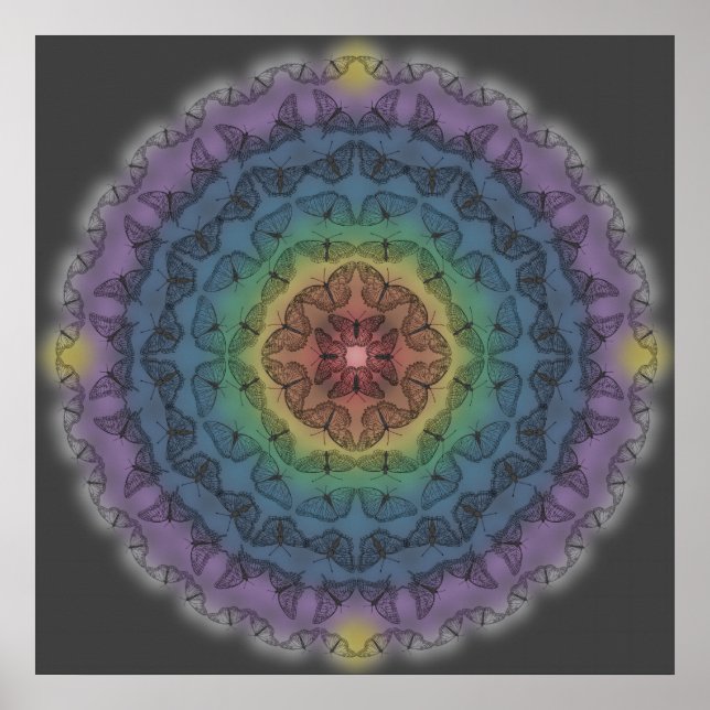 Butterfly Outline Mandala Över regnbåge 1 Poster (Framsidan)