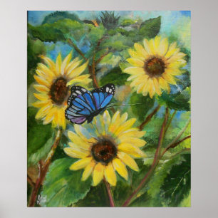 Butterfly över Sunblommor Poster