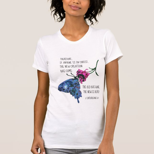 Butterfly på blomman, Verse från 2 korintianer 5:1 T Shirt (Framsida)