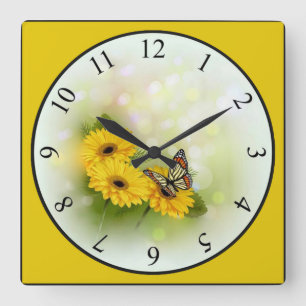 Butterfly på en Gult-Daisy Fyrkantig Klocka