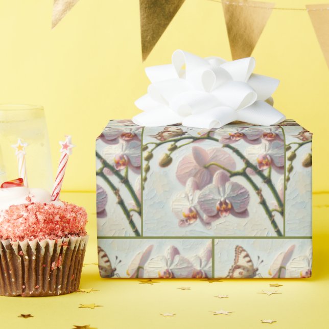 Butterfly på en orchid Impasto-målning Presentpapper (Födelsedagsfest)