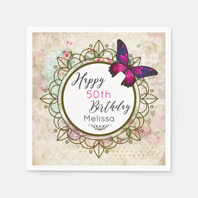 Butterfly på Shabby Vintage Collage Birthday Pappersservett (Framsidan)