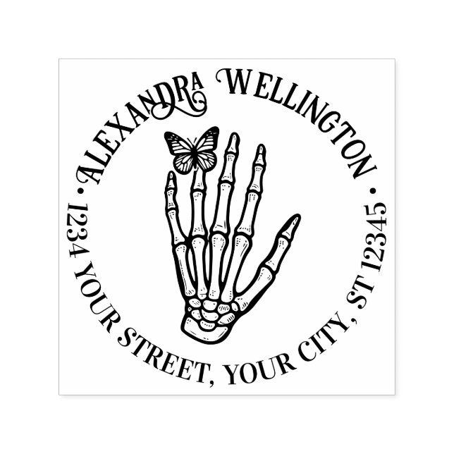 Butterfly på Skeleton Hand Namn Returadress Självfärgande Stämpel (Design)