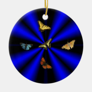 Butterfly på svart och blå regnbåge julgransprydnad keramik