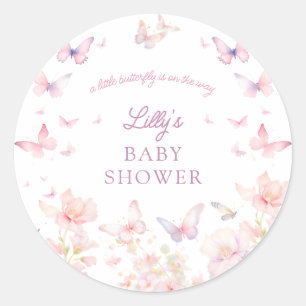 Butterfly på Way Rosa Flowers Baby Shower Runt Klistermärke