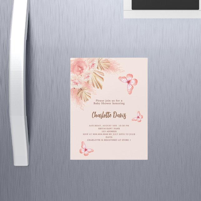 Butterfly pampas gräs rosa lyxury Baby Shower Magnetisk Inbjudningskort (Skapare uppladdad)