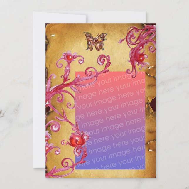 BUTTERFLY PARCHMENT Photo Template brun röd Inbjudningar (Framsida)