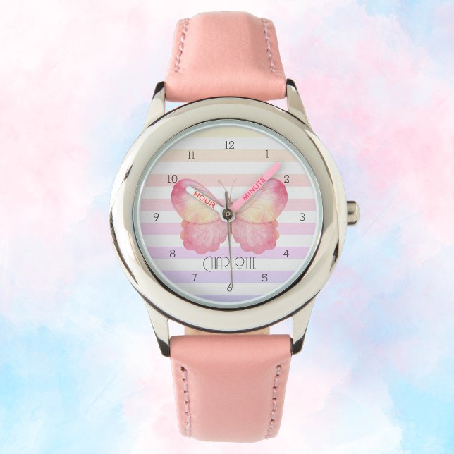 Butterfly Pastel Rand Charm Mönster Armbandsur (Personalized Girly Kids Watch with Butterfly)