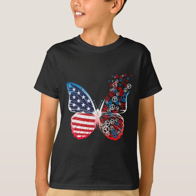 Butterfly Patriotic Fredsteckens 4:e juli US FLA T Shirt (Framsida)