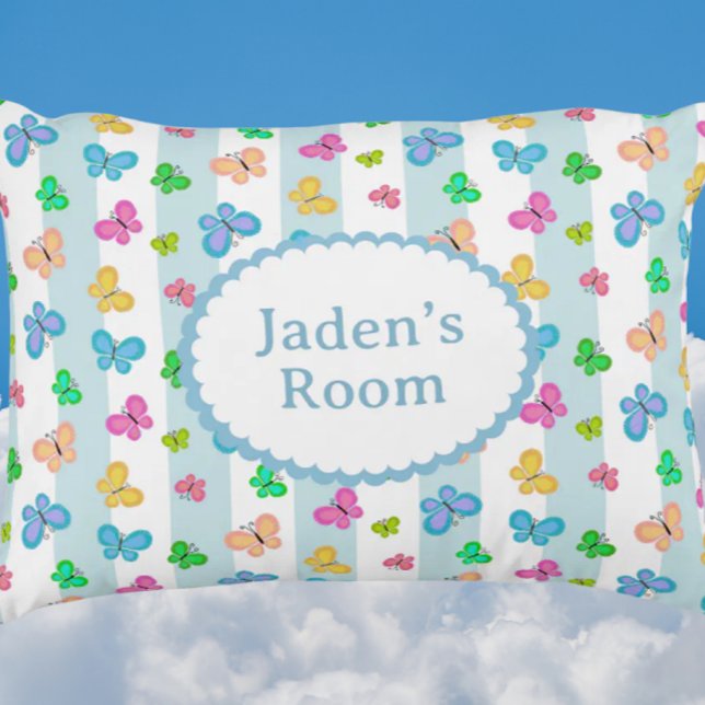 Butterfly Personalized Blue Stripe Prydnadskudde (Personalize with name or message!)