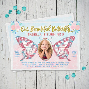 Butterfly Photo Girls Cute Kid Rosa Födelsedagsfes Inbjudningar