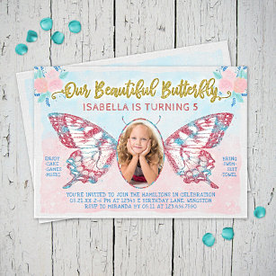 Butterfly Photo Girls Cute Kid Rosa Födelsedagsfes Inbjudningar