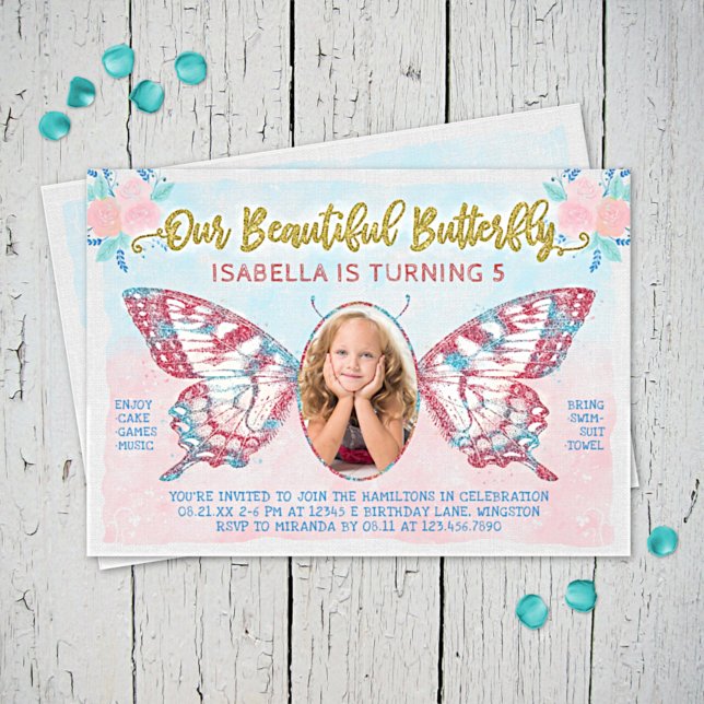 Butterfly Photo Girls Cute Kid Rosa Födelsedagsfes Inbjudningar (Skapare uppladdad)