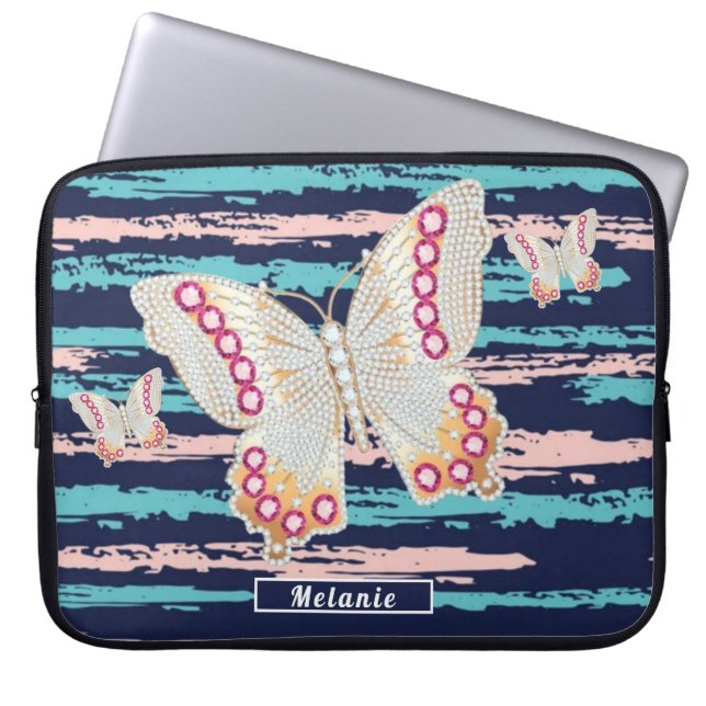 Butterfly Pink blue groovy stripes monogrammed Laptop Fodral (Framsidan)