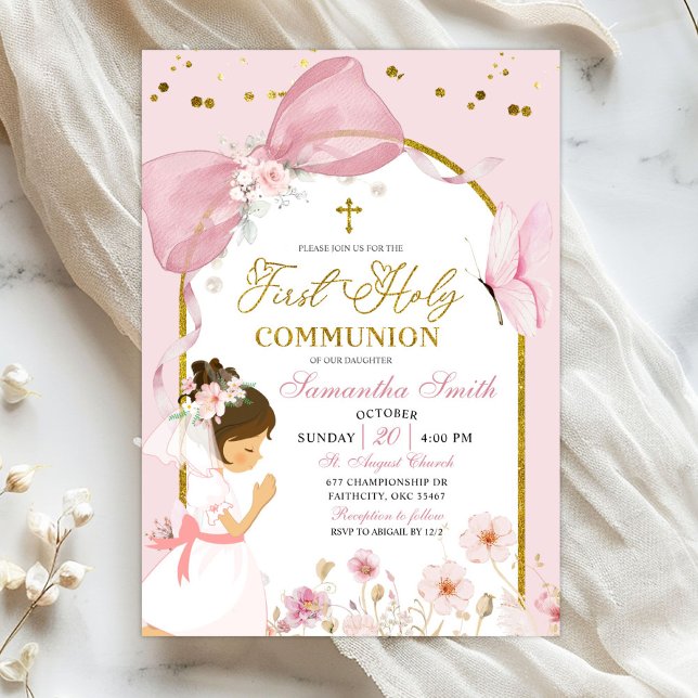 Butterfly Pink Coquette Girl First Holy Communion Inbjudningar (Skapare uppladdad)