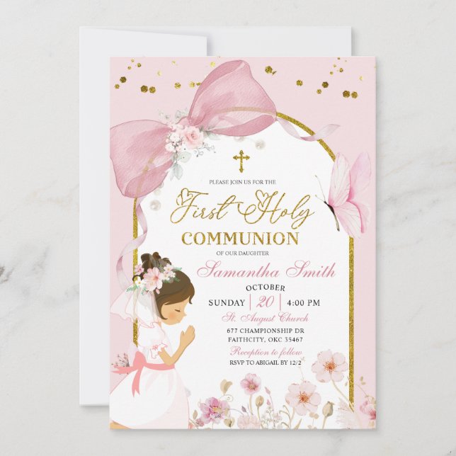 Butterfly Pink Coquette Girl First Holy Communion Inbjudningar (Framsida)